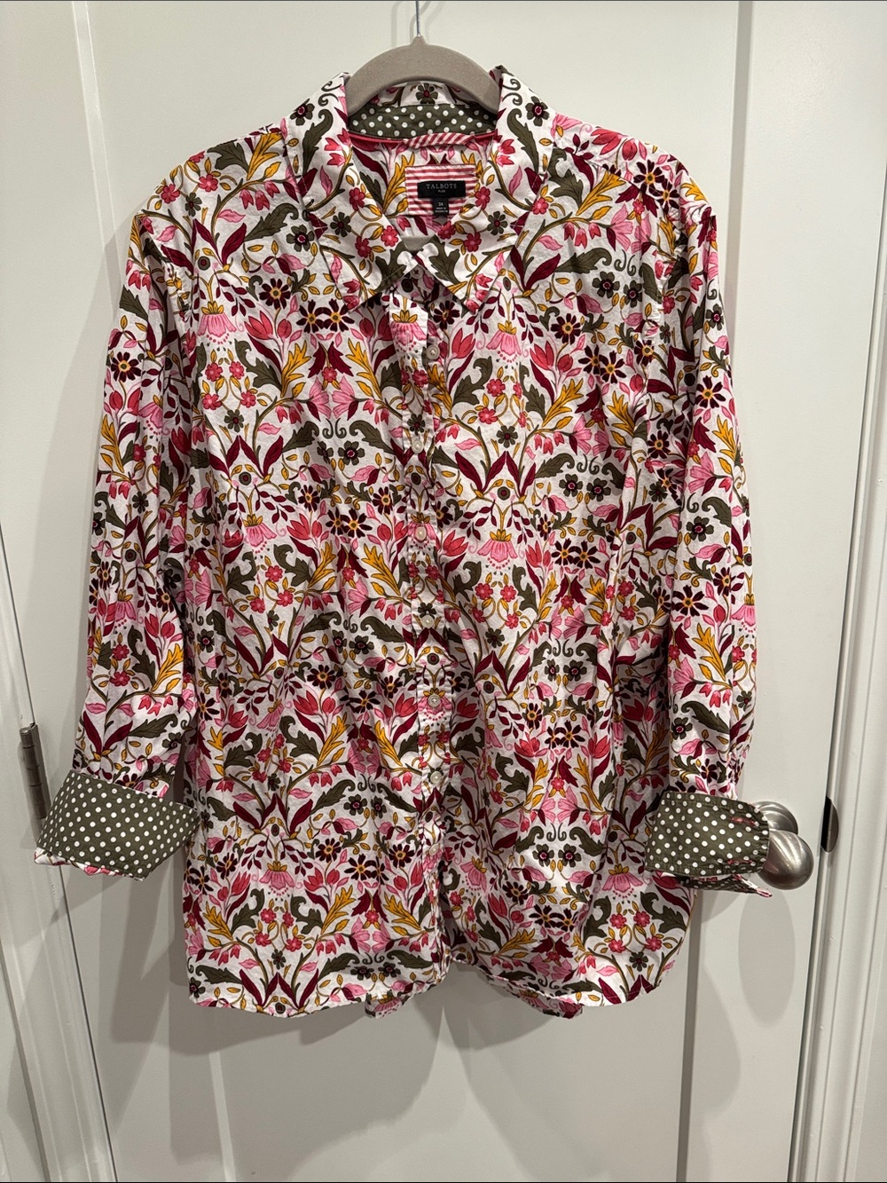 Talbots White Floral Button-Down Shirt with Pink and Olive Accents
